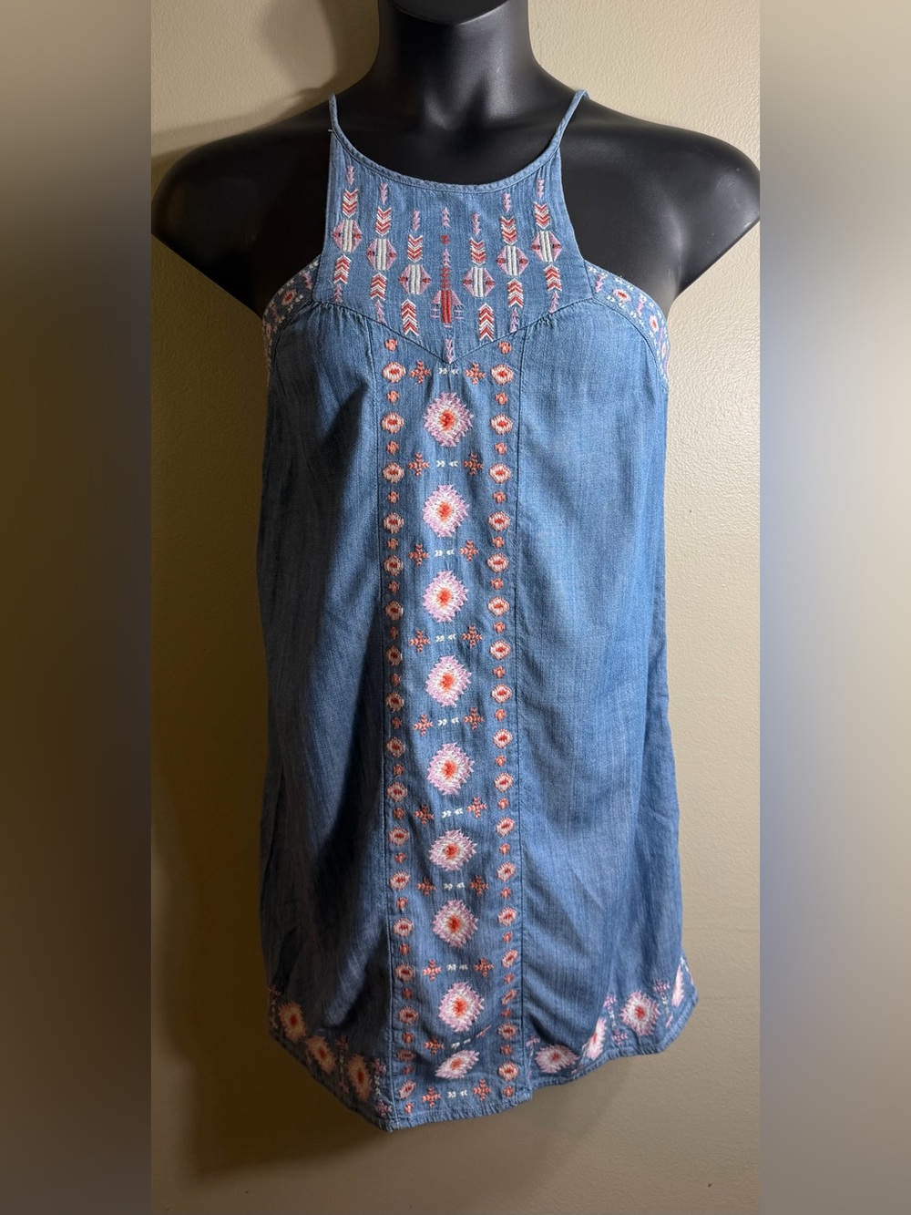 Hollister Chambray Embroidered Open Back Swing Dress XS